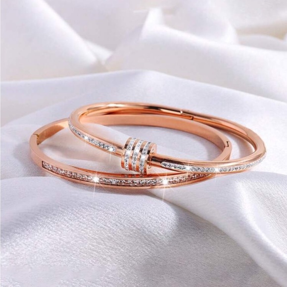 Luxe Rose Gold Stainless Steel Rhinestone Bangle Set - Picture 3 of 4